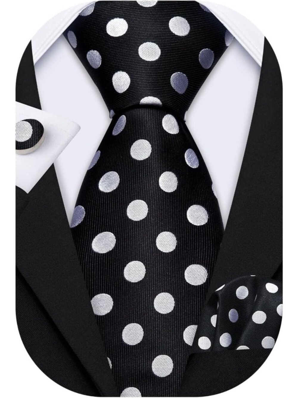 Silk Tie Set for Men - Polka Dot Necktie, Pocket Square & Cufflinks - Wedding